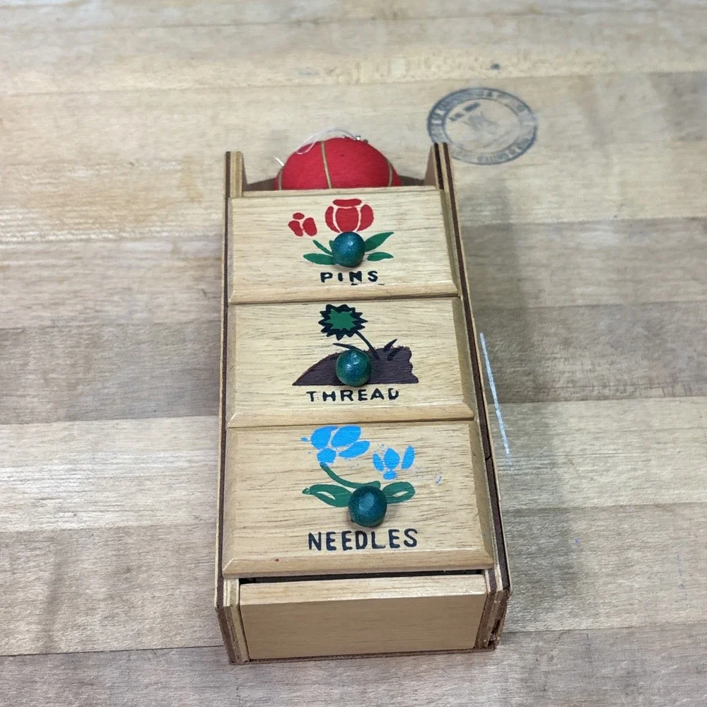 Vintage Wooden Sewing Caddy 3 Drawer Organizer Tomato Pincushion Retro